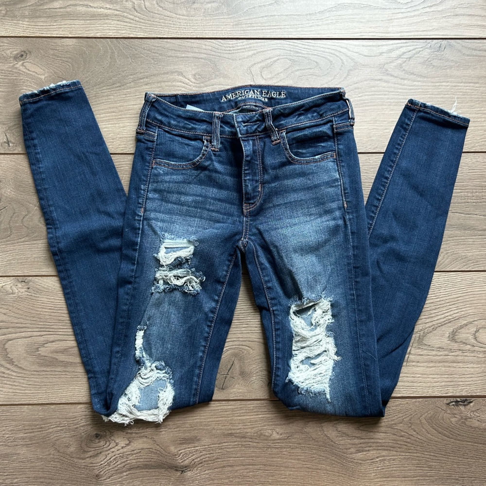 American Eagle Outfitters Dark Blue Distressed Super Stretch X Jegging Jeans